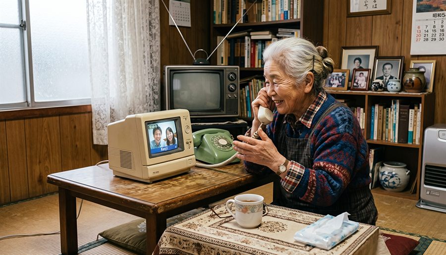 おばあちゃんがテレビ電話で家族と笑顔で話している様子
