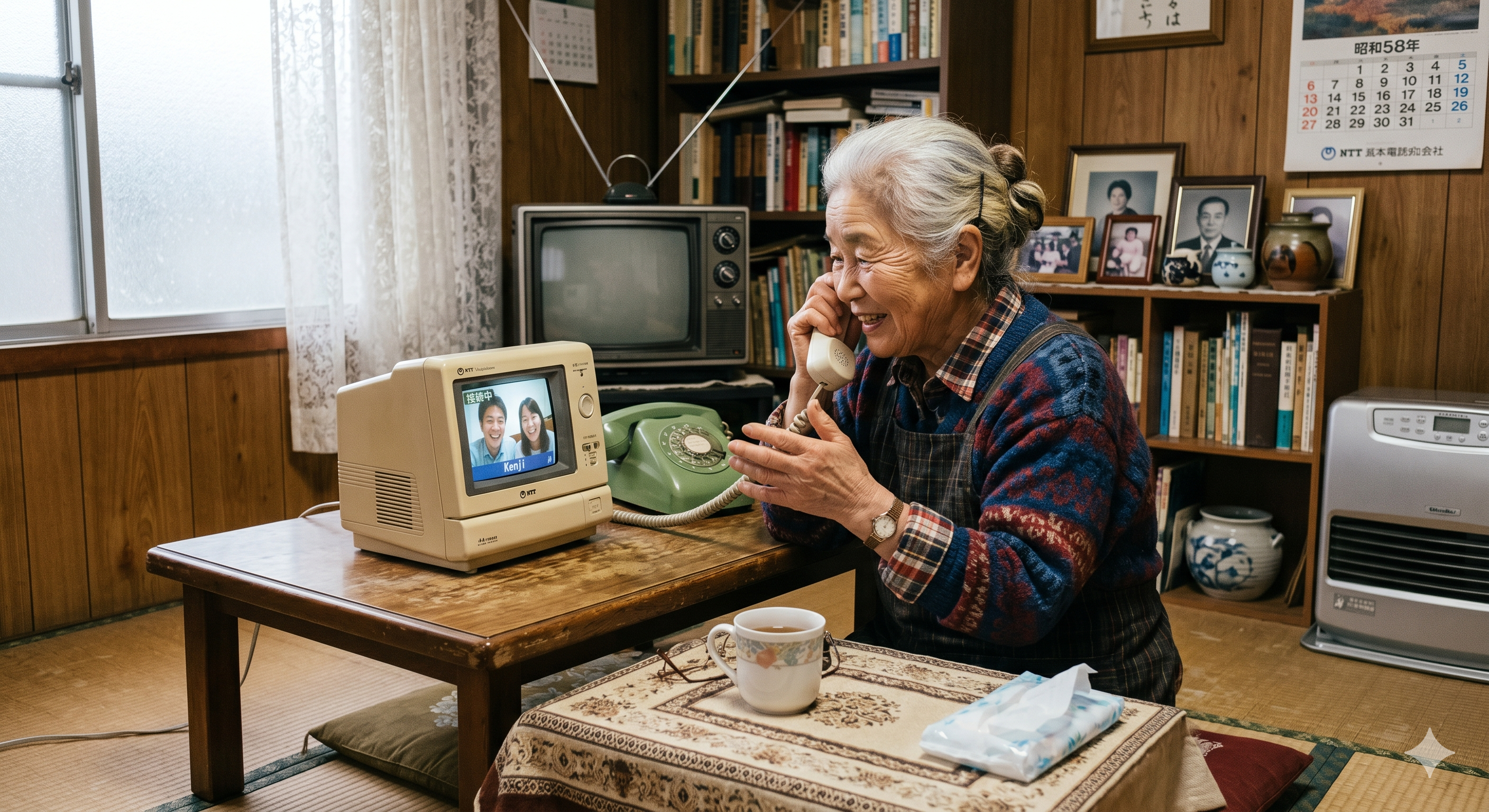 おばあちゃんがテレビ電話で家族と話している様子